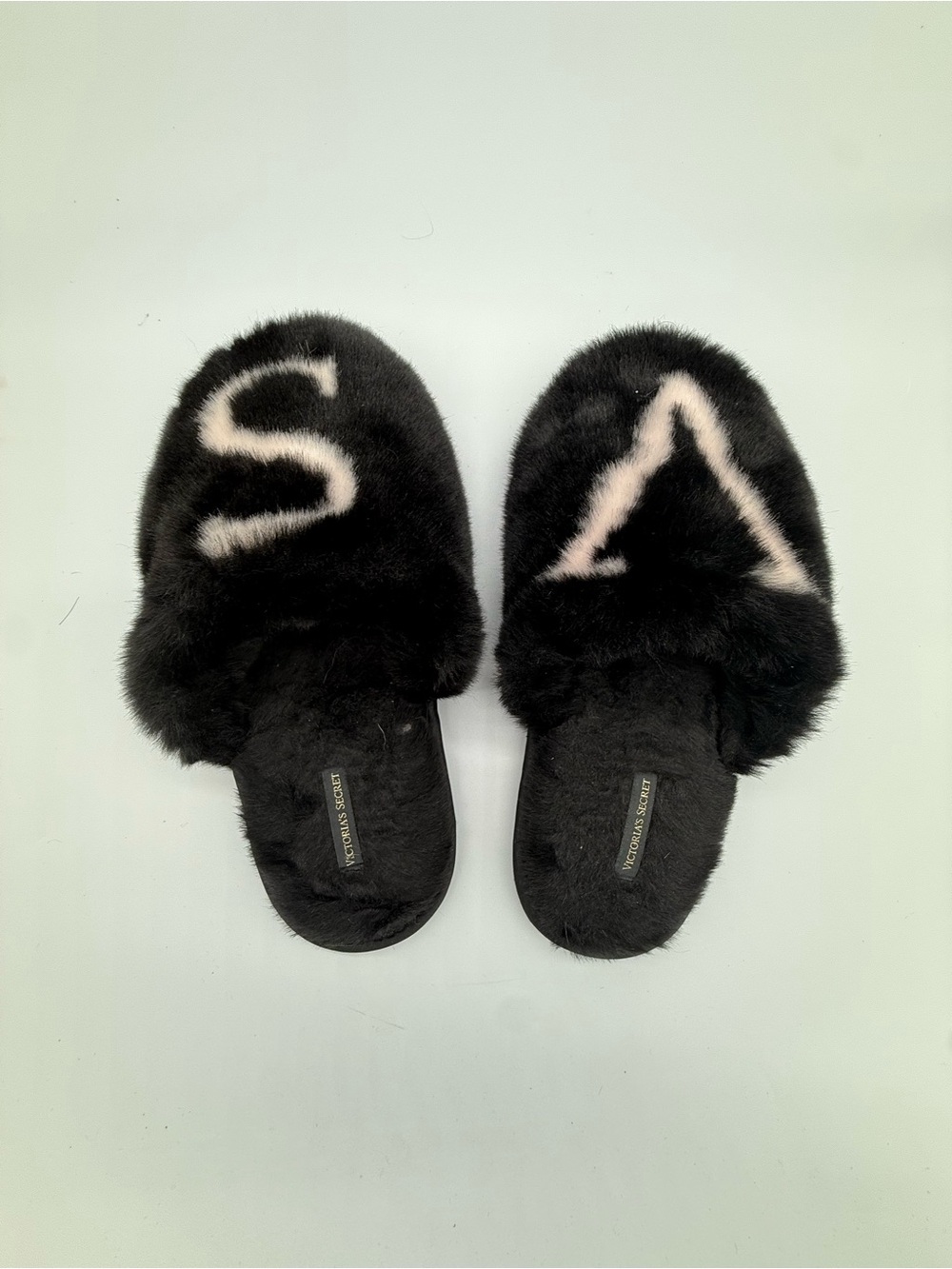 Victoria's Secret Black Faux Fur Slide Slippers with Cream Accent